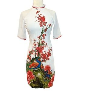 Ao dai Vietnamese Floral Peacock print Dress 100% Silk size small